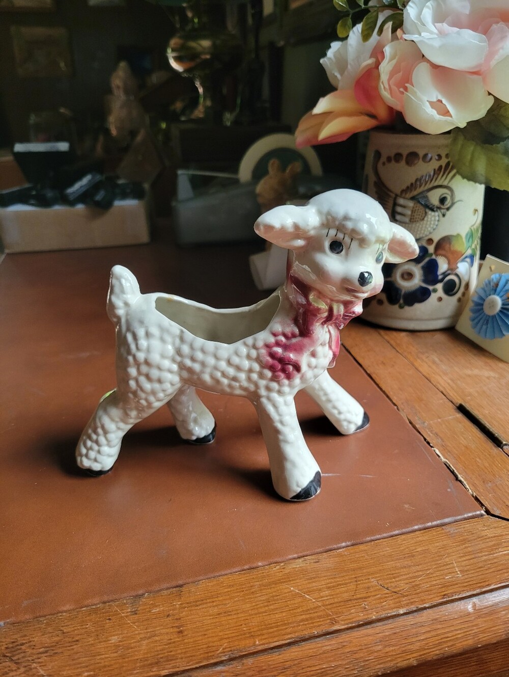 Vintage Kitsch 1950's White Lamb Planter with Pink Bow 🎀